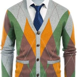 PJ Paul Jones Mens V Neck Argyle Cardigan Sweater Contrast Knitwear with Pockets